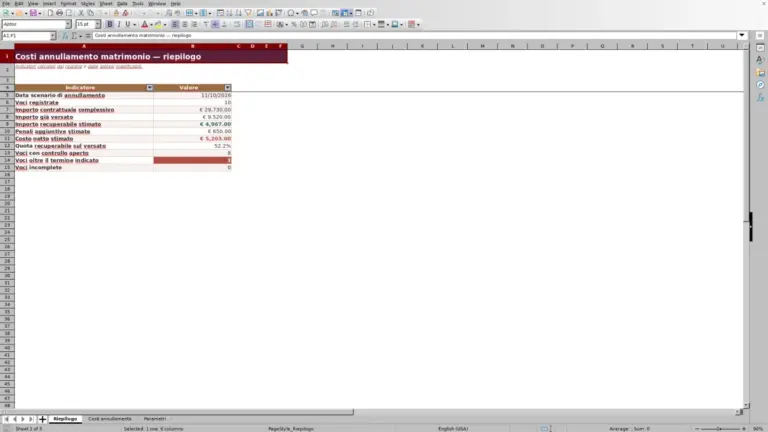 Anteprima di Costi annullamento matrimonio: modello Excel