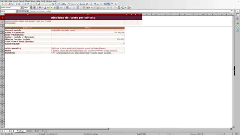 Anteprima di Costo per invitato matrimonio: modello Excel