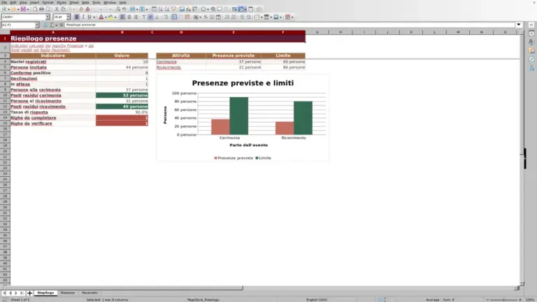 Anteprima di Presenze cerimonia e ricevimento: modello Excel per gli invitati