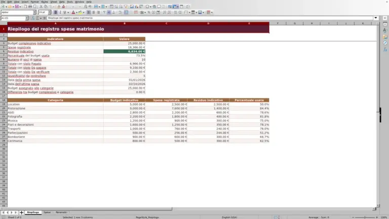 Anteprima di Registro spese matrimonio Excel: budget e pagamenti